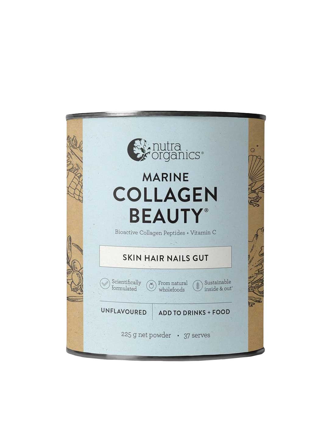 A 225g canister of Nutra Organics Marine Collagen Beauty Unflavoured features beige and blue packaging and provides 37 servings of unflavoured marine collagen with peptides to support skin, hair, nails, and gut hydration.