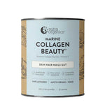A 225g canister of Nutra Organics Marine Collagen Beauty Unflavoured features beige and blue packaging and provides 37 servings of unflavoured marine collagen with peptides to support skin, hair, nails, and gut hydration.