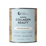 A 225g canister of Nutra Organics Marine Collagen Beauty Unflavoured features beige and blue packaging and provides 37 servings of unflavoured marine collagen with peptides to support skin, hair, nails, and gut hydration.