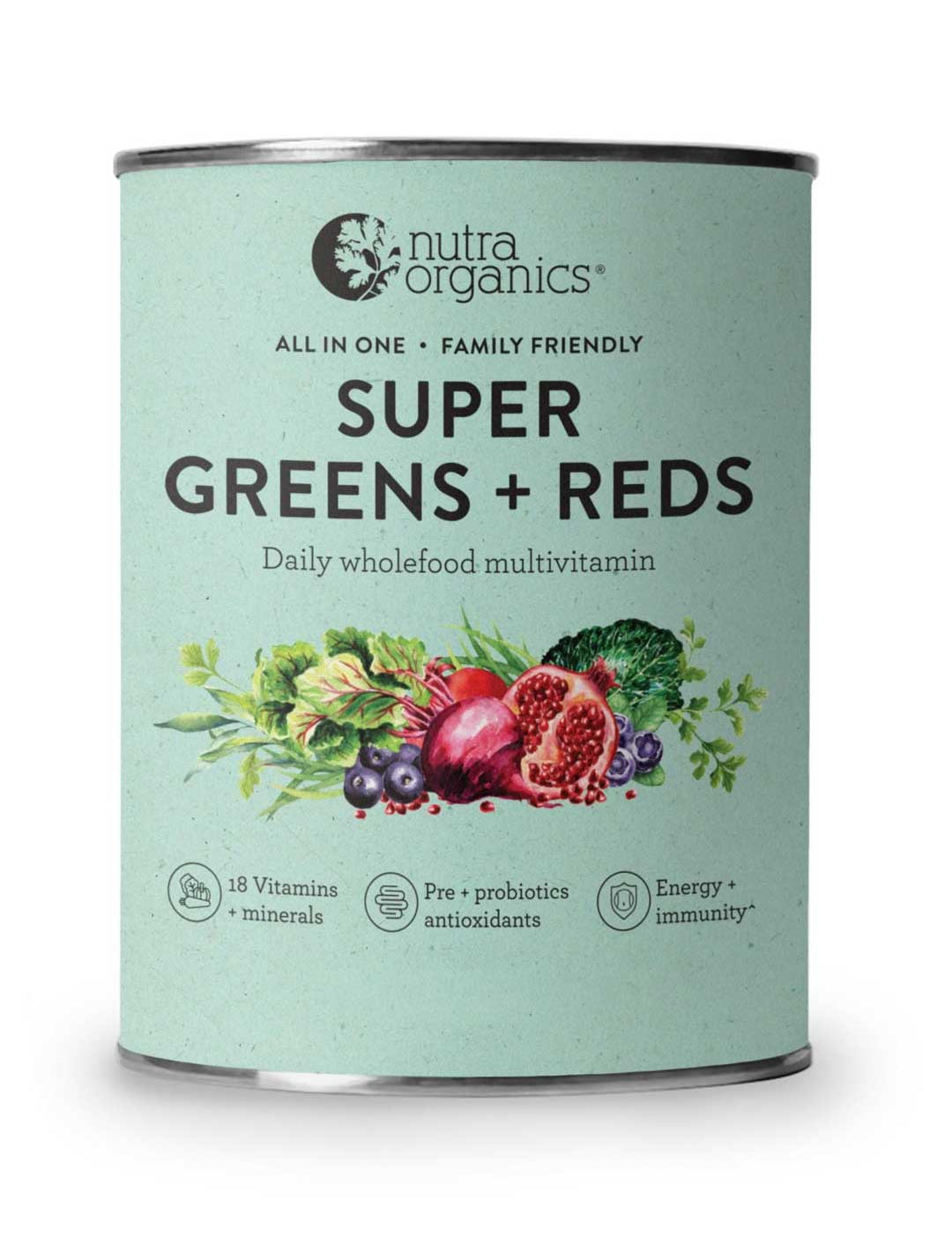 Nutra Organics Super Greens + Reds is a daily wholefood multivitamin powder featuring 18 vitamins & minerals, prebiotics, probiotics, antioxidants, and superfoods for immune support. The label displays leafy greens, beetroot, and pomegranate.