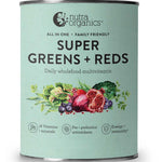 Nutra Organics Super Greens + Reds is a daily wholefood multivitamin powder featuring 18 vitamins & minerals, prebiotics, probiotics, antioxidants, and superfoods for immune support. The label displays leafy greens, beetroot, and pomegranate.