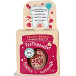 Kraft cardboard Oh Gigi Fruity Brush Toothpowder box with a raspberry-pink jar-shaped front panel and white lettering, topped by a tall tab decorated with a tooth outline and pink fruit illustrations.