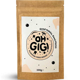 Brown resealable Oh Gigi Flavour-Free Toothpowder refill pouch with a large white label, bold black lettering inside a cream circle, and scattered black dots and pale peach shapes.