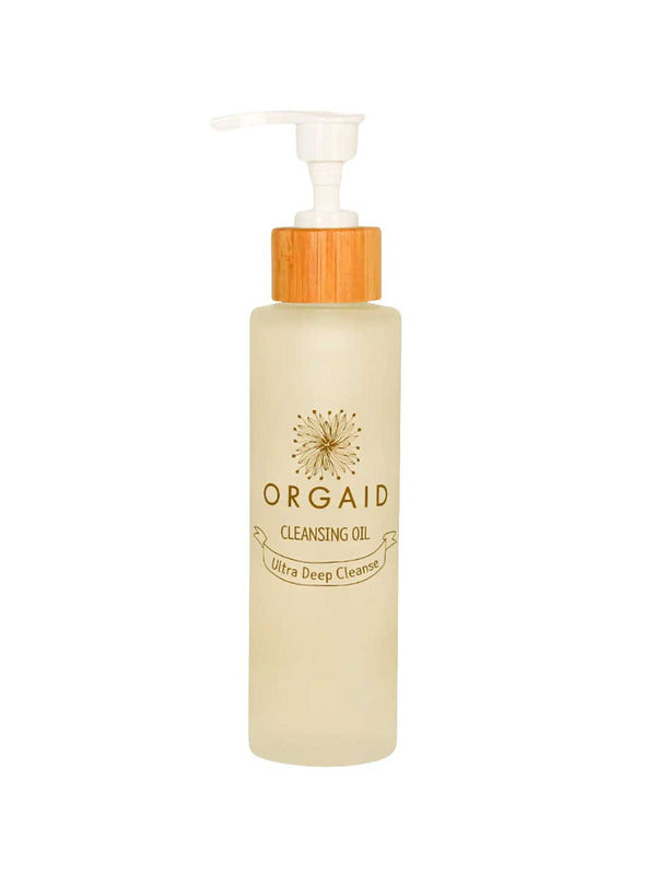 The Orgaid Cleansing Oil Ultra Deep Cleanse 120ml comes in a frosted pump bottle with a wooden-look cap and white pump, ideal for your skincare routine, displayed against a plain white background.