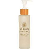 A clear frosted 120ml Orgaid Gentle Cleanser bottle with a pump and wooden accent, labeled "Soothing Aloe Vera," is ideal for sensitive skin and is displayed against a white background.