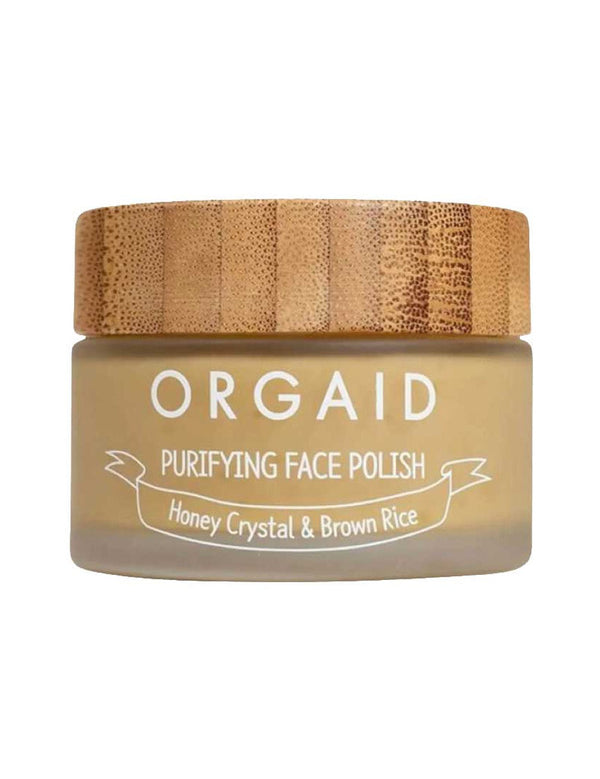 Orgaid Purifying Face Polish Honey Crystal and Brown Rice 56g jar on a white background
