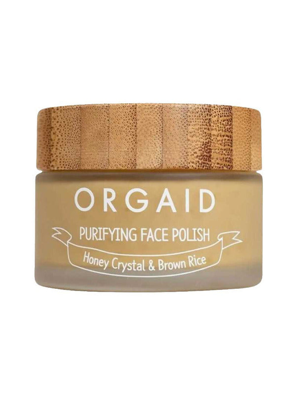 Orgaid Purifying Face Polish Honey Crystal and Brown Rice 56g jar on a white background