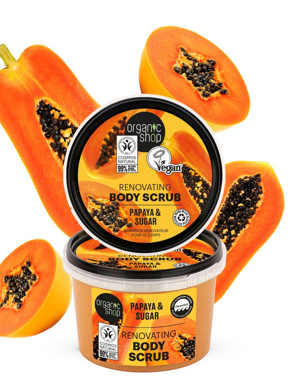 Organic Shop Papaya and Sugar Body Scrub styled with fresh papaya