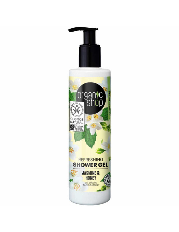 A 280ml bottle of Organic Shop Jasmin & Honey Refreshing Shower Gel features a black pump, floral design, 98% natural ingredients, COSMOS Natural certification, and a fresh jasmine and honey scent.