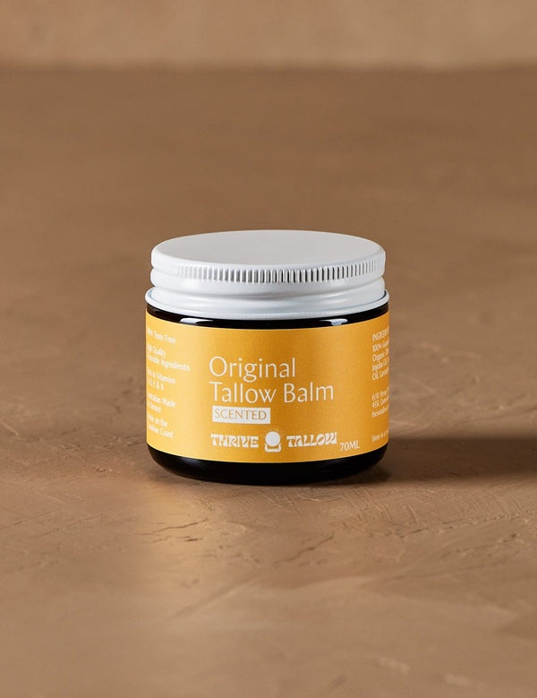 Original Tallow Balm jar in warm natural light – Thrive Tallow Original Tallow Balm Scented 70ml