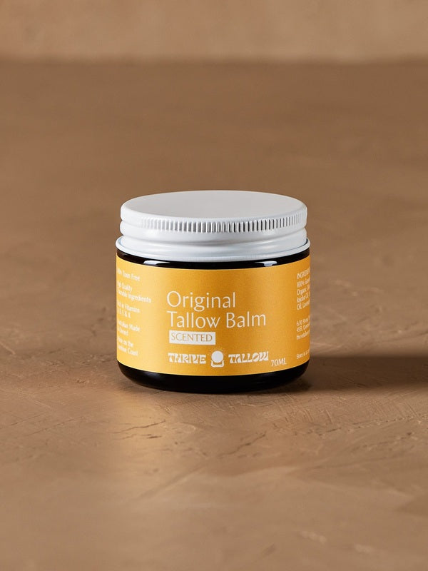 Original Tallow Balm jar in warm natural light – Thrive Tallow Original Tallow Balm Scented 70ml