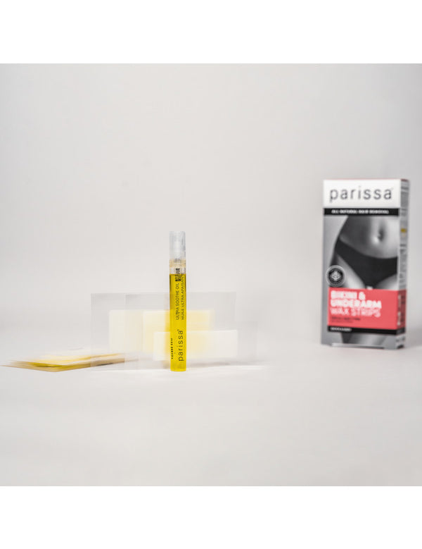Parissa Bikini and Underarm Wax Strips arranged with Ultra Soothe Oil and the product box on a light studio surface.