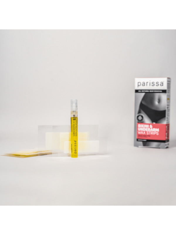 Parissa Bikini and Underarm Wax Strips arranged with Ultra Soothe Oil and the product box on a light studio surface.