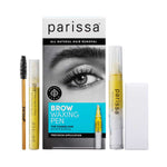 Parissa Brow Waxing Pen kit with a turquoise-panel box showing an eye, a clear pen of yellow wax, a small eyebrow brush, a slim yellow-labelled tube and white strips.