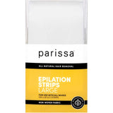 Parissa Epilation Strips Large are biodegradable, non-woven fabric strips for use with all waxing products. The packaging features white and yellow labeling.