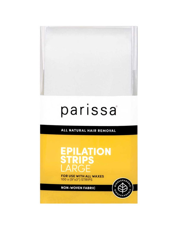 Parissa Epilation Strips Large are biodegradable, non-woven fabric strips for use with all waxing products. The packaging features white and yellow labeling.