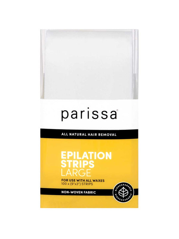 Parissa Epilation Strips Large are biodegradable, non-woven fabric strips for use with all waxing products. The packaging features white and yellow labeling.