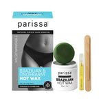 Parissa Brazilian and Underarm Hot Wax kit with a turquoise-panel box, a white wax jar, a dark green wax disc, a wooden spatula and a slim yellow-labelled tube.