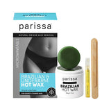 Parissa Brazilian and Underarm Hot Wax kit with a turquoise-panel box, a white wax jar, a dark green wax disc, a wooden spatula and a slim yellow-labelled tube.