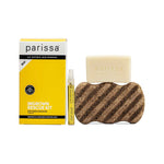 Yellow-and-white Parissa Ingrown Rescue Kit box beside a pale rectangular bar, a brown striped pad and a slim yellow-labelled tube.