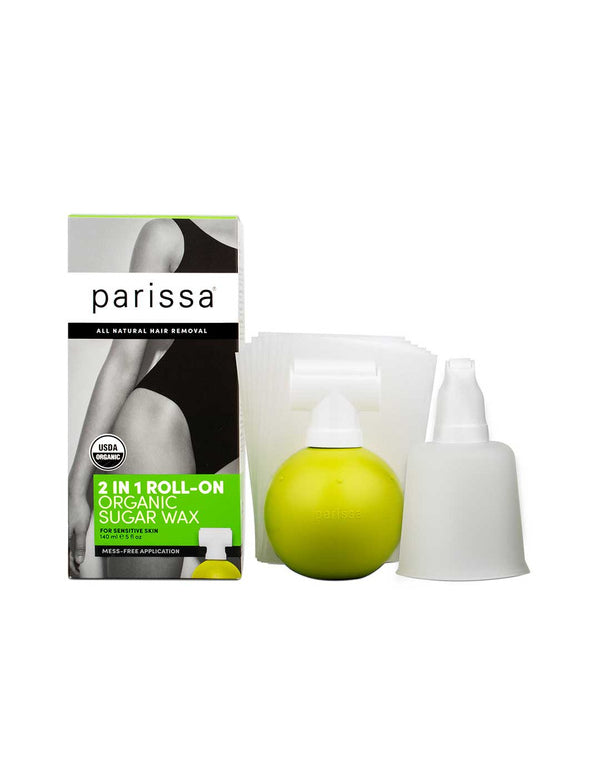 A box labeled “Parissa Organic 2 in 1 Roll-On Sugar Wax 140ml” is shown with a green roll-on applicator, white wax strips, and a clear cap—offering natural, hypoallergenic hair removal with organic sugar wax.
