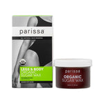 Parissa Organic Sugar Wax kit with a green-panel box showing legs and a squat jar of dark amber wax with a white screw lid.