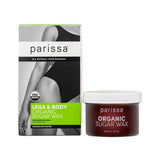 Parissa Organic Sugar Wax kit with a green-panel box showing legs and a squat jar of dark amber wax with a white screw lid.