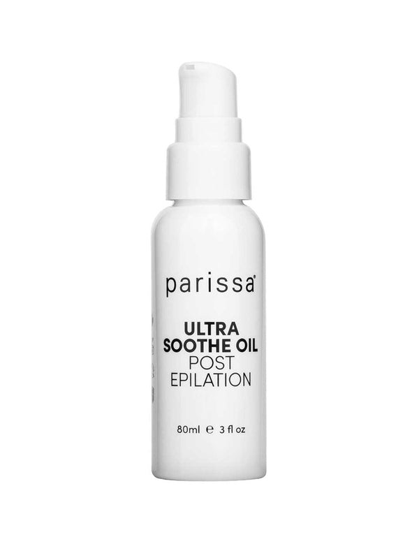 Parissa Ultra Soothe Oil Post Epilation 80ml is a white bottle with a pump, designed to soothe skin after waxing and help prevent ingrown hairs.