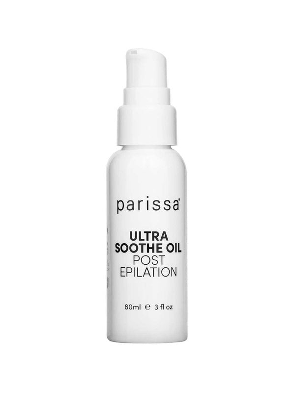 Parissa Ultra Soothe Oil Post Epilation 80ml is a white bottle with a pump, designed to soothe skin after waxing and help prevent ingrown hairs.