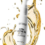 White bottle of Parissa Ultra Soothe Oil surrounded by a stylised splash of golden oil against a clean white background.