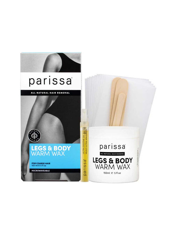 Parissa Legs and Body Warm Wax kit with a turquoise-panel box, a white wax jar, wooden spatulas, white fabric strips and a slim yellow-labelled tube.