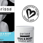 White lidded Parissa Legs and Body Warm Wax jar beside its turquoise-panel box, with a large circular symbol reading Certified Vegan above.