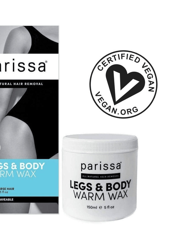White lidded Parissa Legs and Body Warm Wax jar beside its turquoise-panel box, with a large circular symbol reading Certified Vegan above.