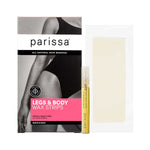 Parissa Legs and Body Wax Strips kit with a pink-panel box showing legs, two large pale wax strips and a slim yellow-labelled tube.
