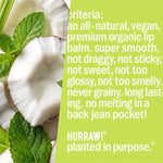 Product standards and certifications for Hurraw! Pitta Lip Balm Coconut Mint & Lemongrass 4.8g