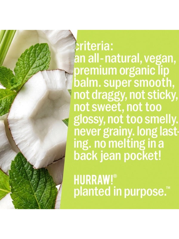Product standards and certifications for Hurraw! Pitta Lip Balm Coconut Mint & Lemongrass 4.8g