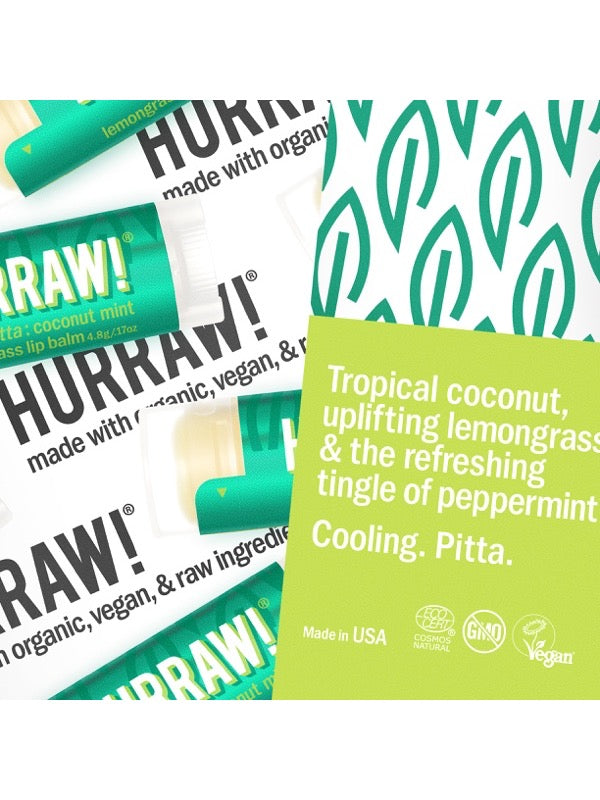 Product and flavour details for Hurraw! Pitta Lip Balm Coconut Mint & Lemongrass 4.8g