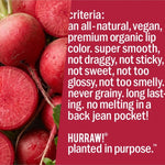 Product standards and certifications for Hurraw! Rouge à Lèvres Plantcolor No 1 4.8g