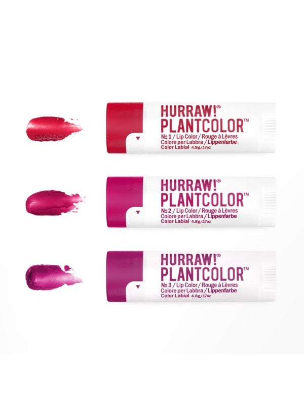 Product tubes and colour swatches for Hurraw! Rouge à Lèvres Plantcolour No 2 4.8g