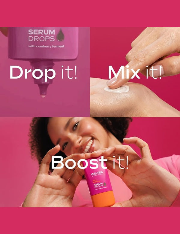 Weleda Pore Refining Vitamin C Serum Booster Drops used directly, mixed with moisturiser and held in hand