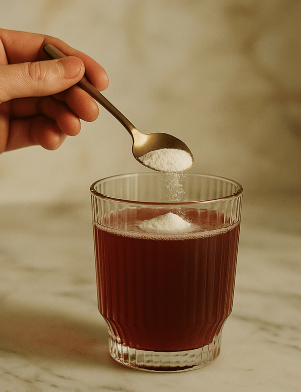 Pouring Tropeaka Marine Collagen Peptides into a drink