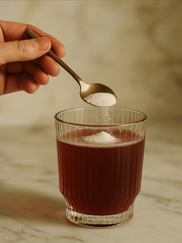 Pouring Tropeaka Marine Collagen Peptides into a drink