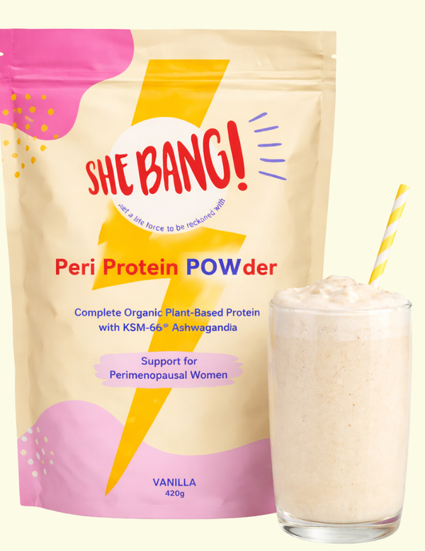 She BANG! Vanilla Peri Protein POWder 420g with prepared vanilla shake