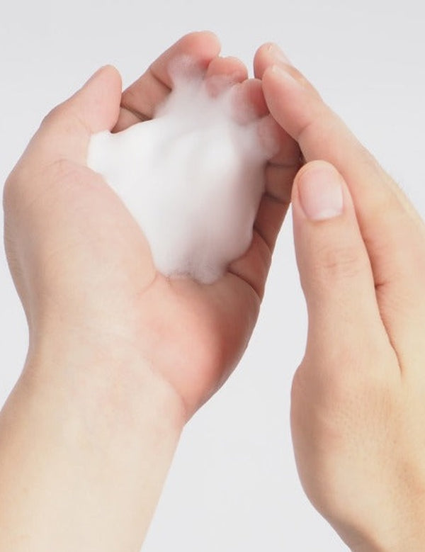 Cupped hands holding a mound of fluffy white PureFoam soap lather against a pale background.