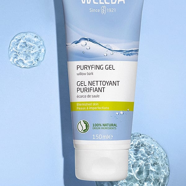 100ml purifying gel cleanser tube with blue background and texture