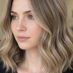 Woman modelling Radico Ash Blonde hair colour, with a centre part and shoulder-length loose waves in a muted beige-brown shade with lighter strands framing her face.