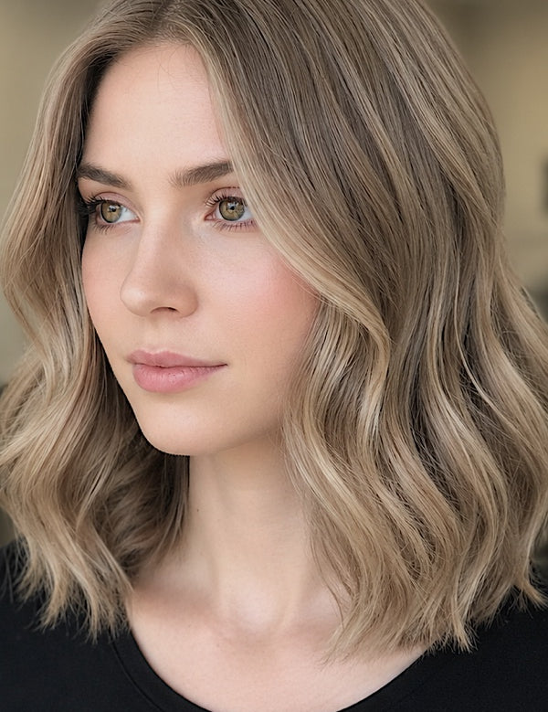 Woman modelling Radico Ash Blonde hair colour, with a centre part and shoulder-length loose waves in a muted beige-brown shade with lighter strands framing her face.