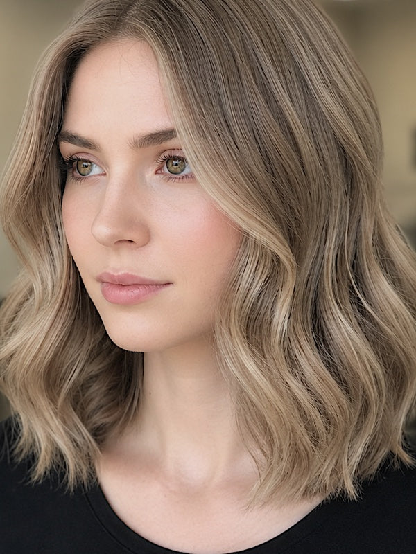 Woman modelling Radico Ash Blonde hair colour, with a centre part and shoulder-length loose waves in a muted beige-brown shade with lighter strands framing her face.