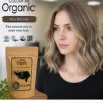 Radico Ash Blonde graphic showing a woman with shoulder-length beige-brown waves beside a brown paper hair-colour pouch, with the shade name printed on a brown brushstroke above.