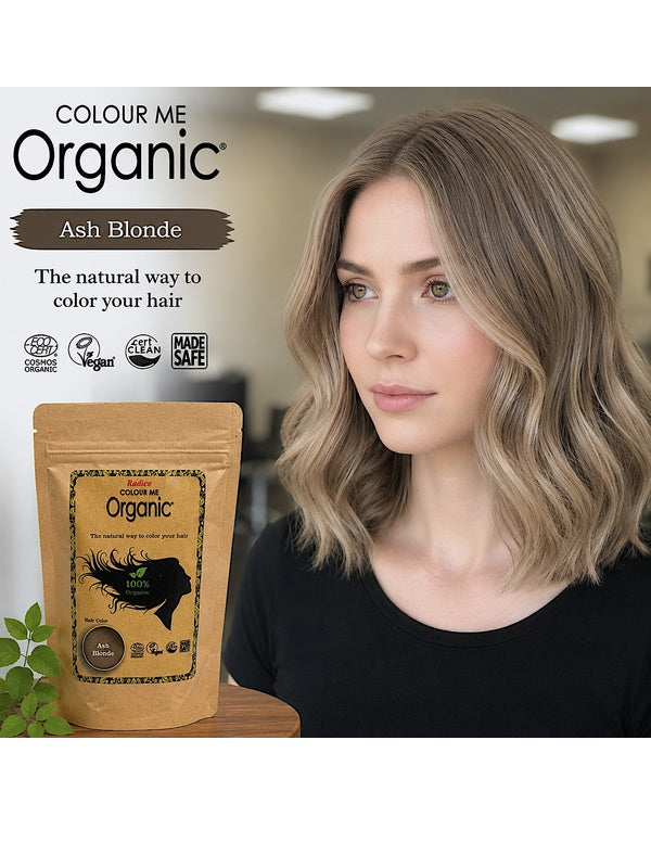 Radico Ash Blonde graphic showing a woman with shoulder-length beige-brown waves beside a brown paper hair-colour pouch, with the shade name printed on a brown brushstroke above.